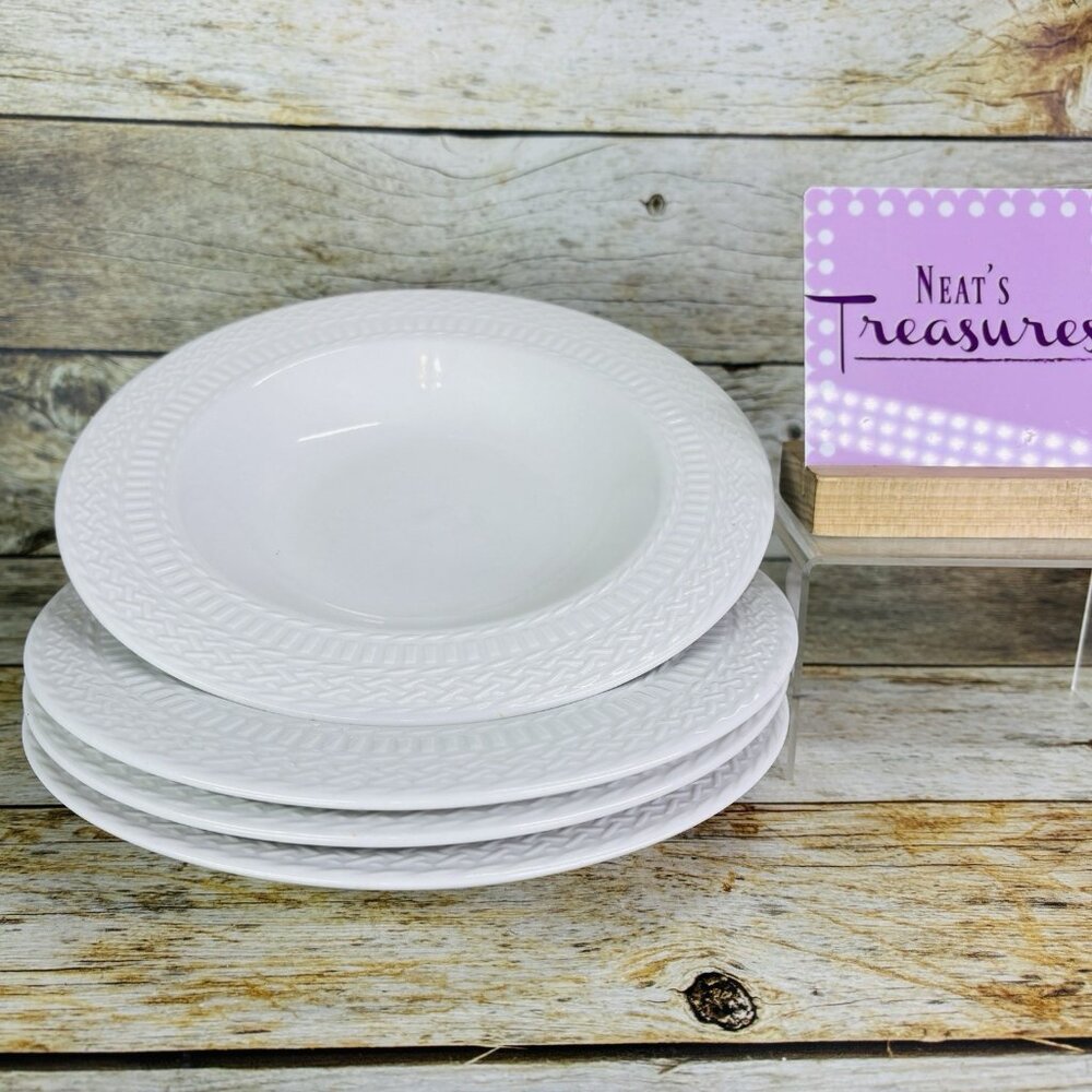Livingquarters LIQ10 White Embossed Basketweave Rimmed 9" Pasta Soup Bowls Set 4
